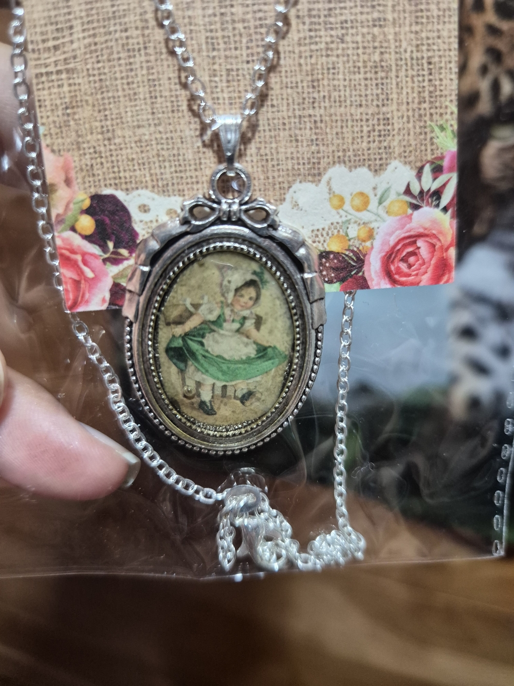 Silver-Tone Green Accent Vintage Portrait Pendant Necklace